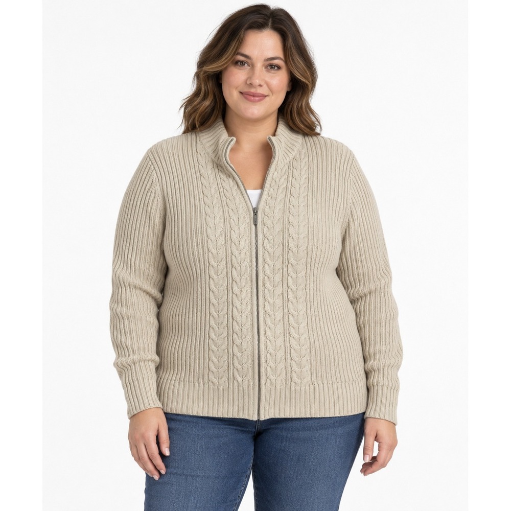 Lands End Womens 2X Cable Knit Full Zip Cardigan Sweater Cream Ribbed Mock Neck